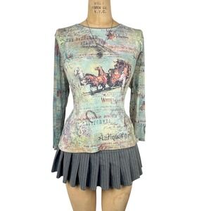 Western Womens M Long Sleeve Top Sheer Rhinestone Cowgirl‎ Horse Retro 90's